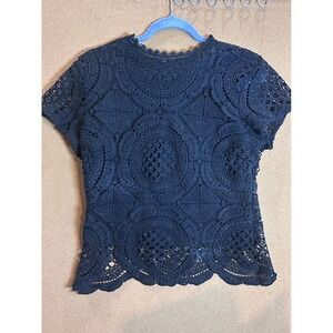 Ultra Pink Lace Crochet Blouse Womens Large Black Excellent Boho Short Sleeve